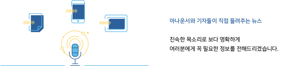 아나운서와 기자들이 직접 들려주는 뉴스, 친숙한 목소리로 보다 명확하게 여러분에게 꼭 필요한 정보를 전해드리겠습니다.