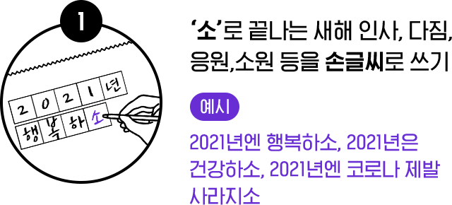1. ‘소’로 끝나는 새해 인사, 다짐, 응원, 소원 등을 손글씨로 쓰기
