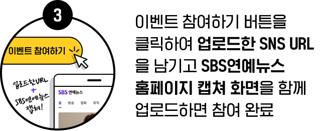 3. 이벤트 참여하기 버튼을 클릭하여 업로드한 SNS URL 을 남기고 SBS연예뉴스 홈페이지 캡쳐 화면을 함께 업로드하면 참여 완료